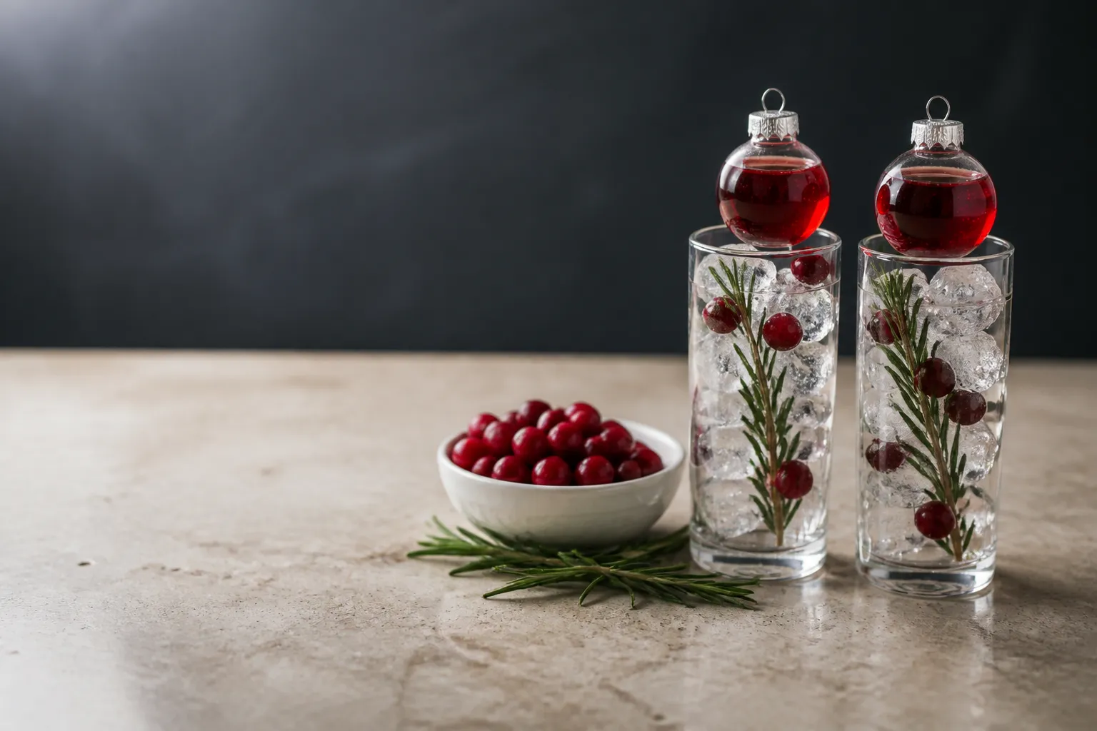 Clear drink ornaments filled with cranberry juice resting on glasses of ice, rosemary and fresh cranberries (AI-generated image)