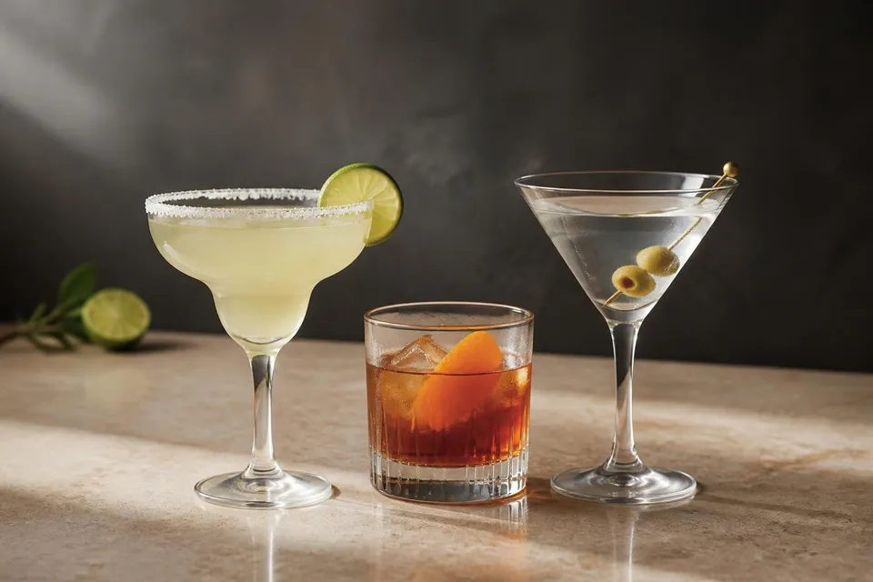 Classic Cocktails arranged on a bar top (AI-generated image)