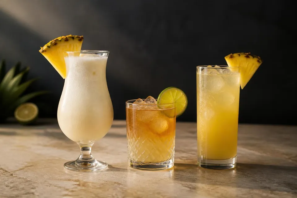 Tropical Drinks arranged on a bar top (AI-generated image)