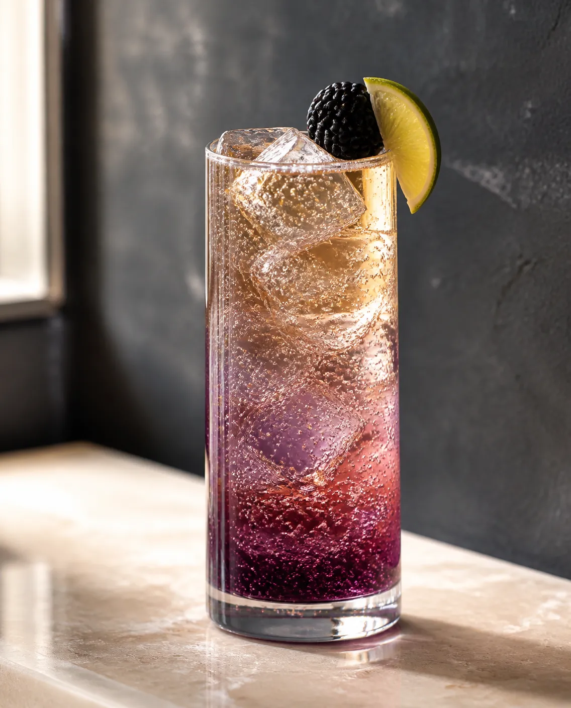 Blackberry Whiskey Highball in a highball glass with ginger ale, lemonade or lemon-lime soda, to top and lime or lemon wedge and blackberries (AI-generated image)