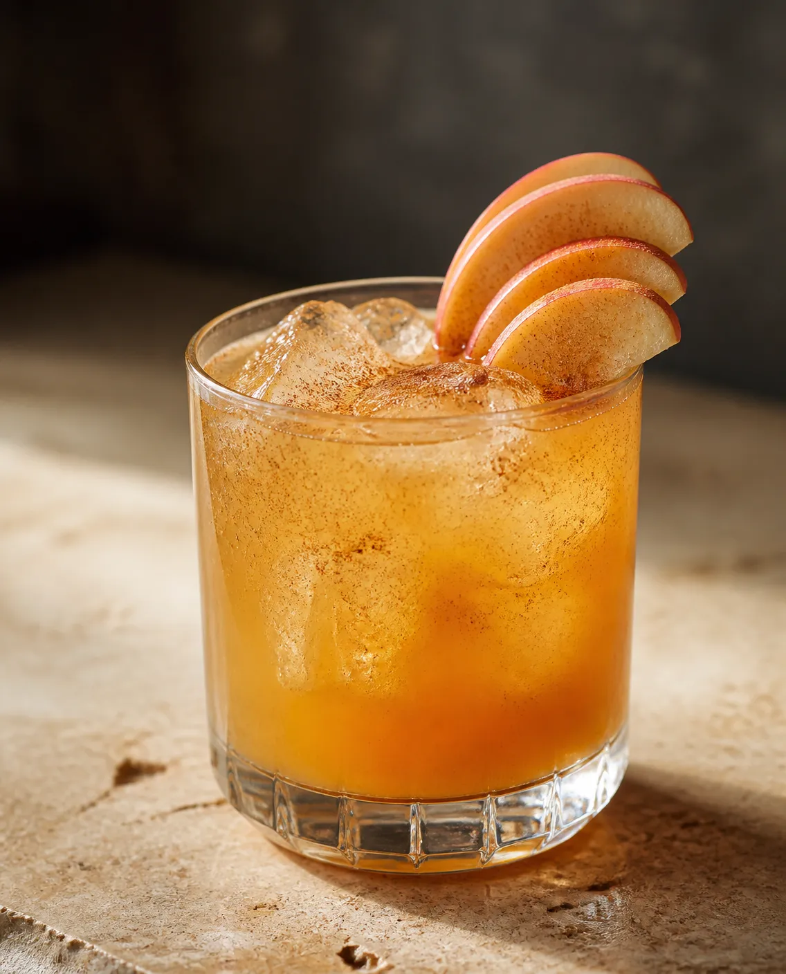 Cinnamon Smashed Apple in a rocks glass with apple cider, to top and apple slices and cinnamon dust (optional) (AI-generated image)