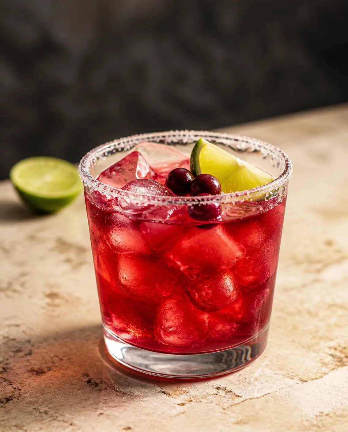 Cranberry Margarita in a rocks glass with salt rim and lime wedge and cranberries (AI-generated image)