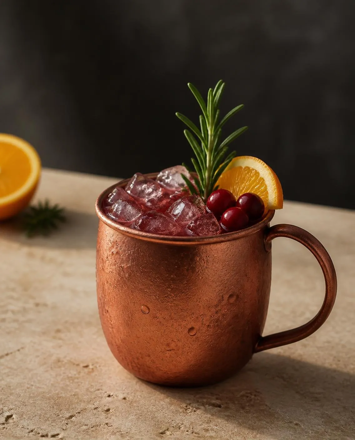 Cranberry Moscow Mule in a copper mug with rosemary sprig and orange slice and cranberries (optional) (AI-generated image)