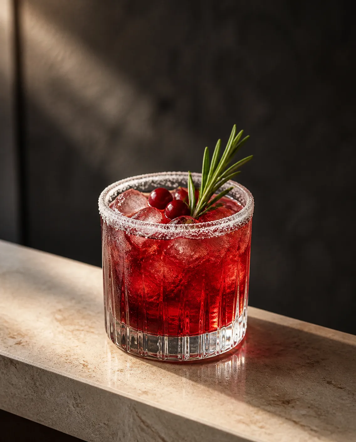 Cranberry Rosemary Cocktail in a rocks glass with rosemary sprig and fresh cranberries and soda water, ginger beer or sparkling wine, a splash to top (AI-generated image)