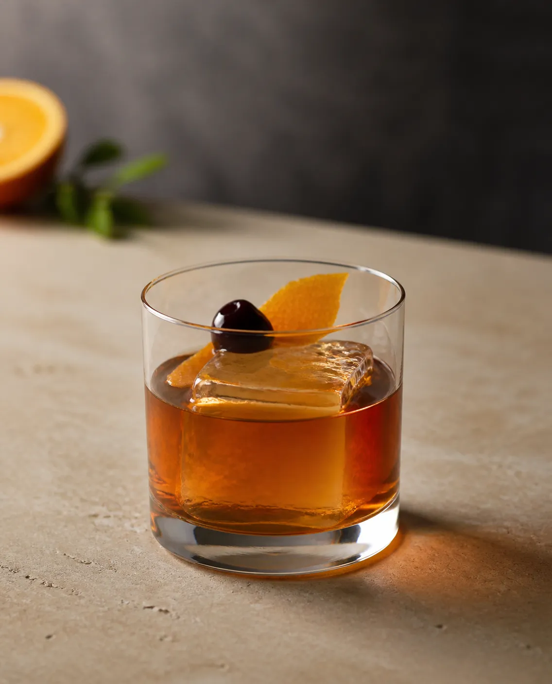 Demerara Old Fashioned in a rocks glass with angostura bitters (a few dashes) and orange peel and dark cherry (AI-generated image)