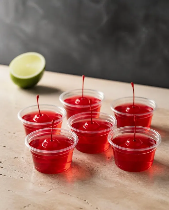 Dirty Shirley Jello Shots in a shot glass with vodka-soaked maraschino cherry (AI-generated image)