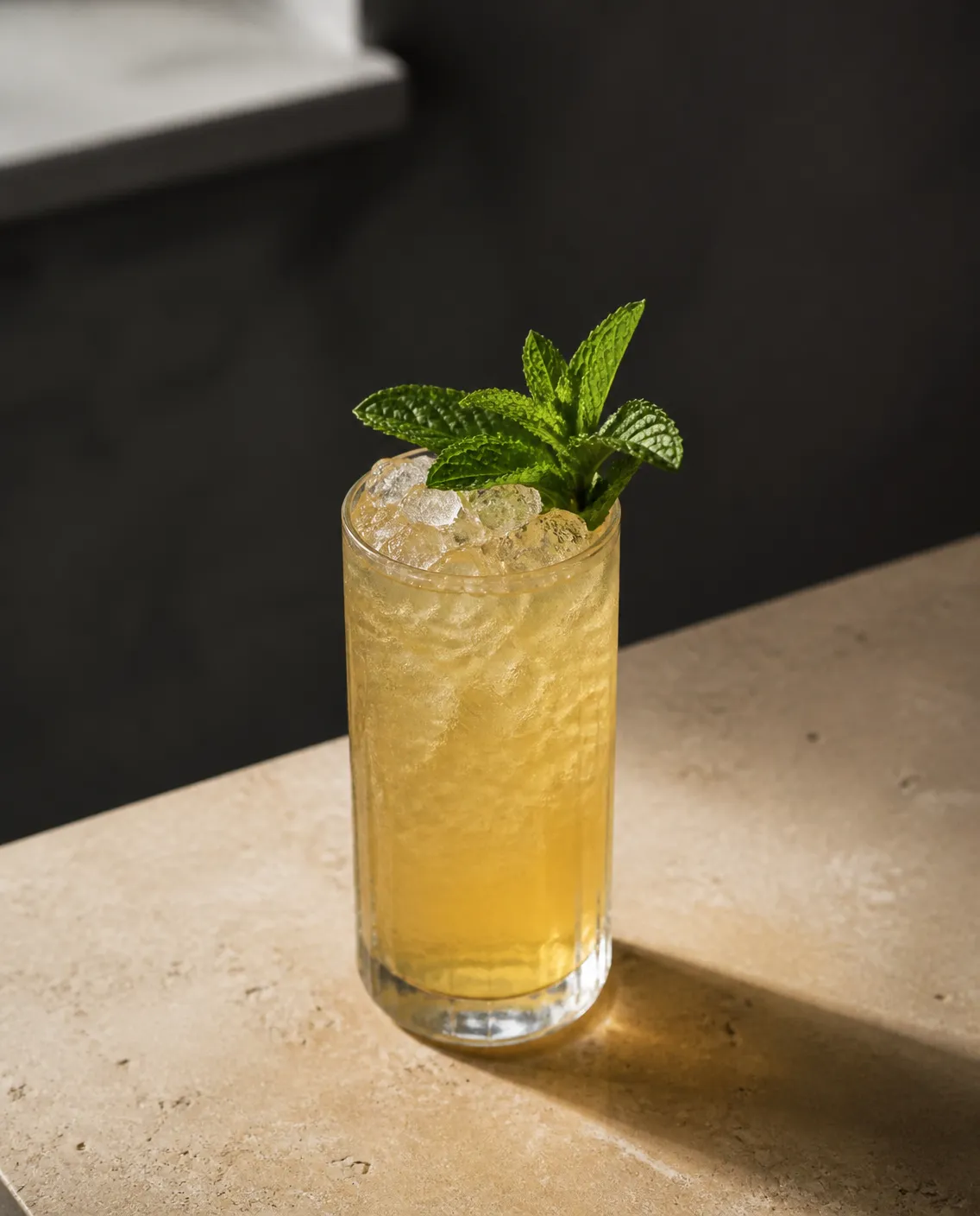 Honey Whiskey Smash in a highball glass with mint sprig (AI-generated image)