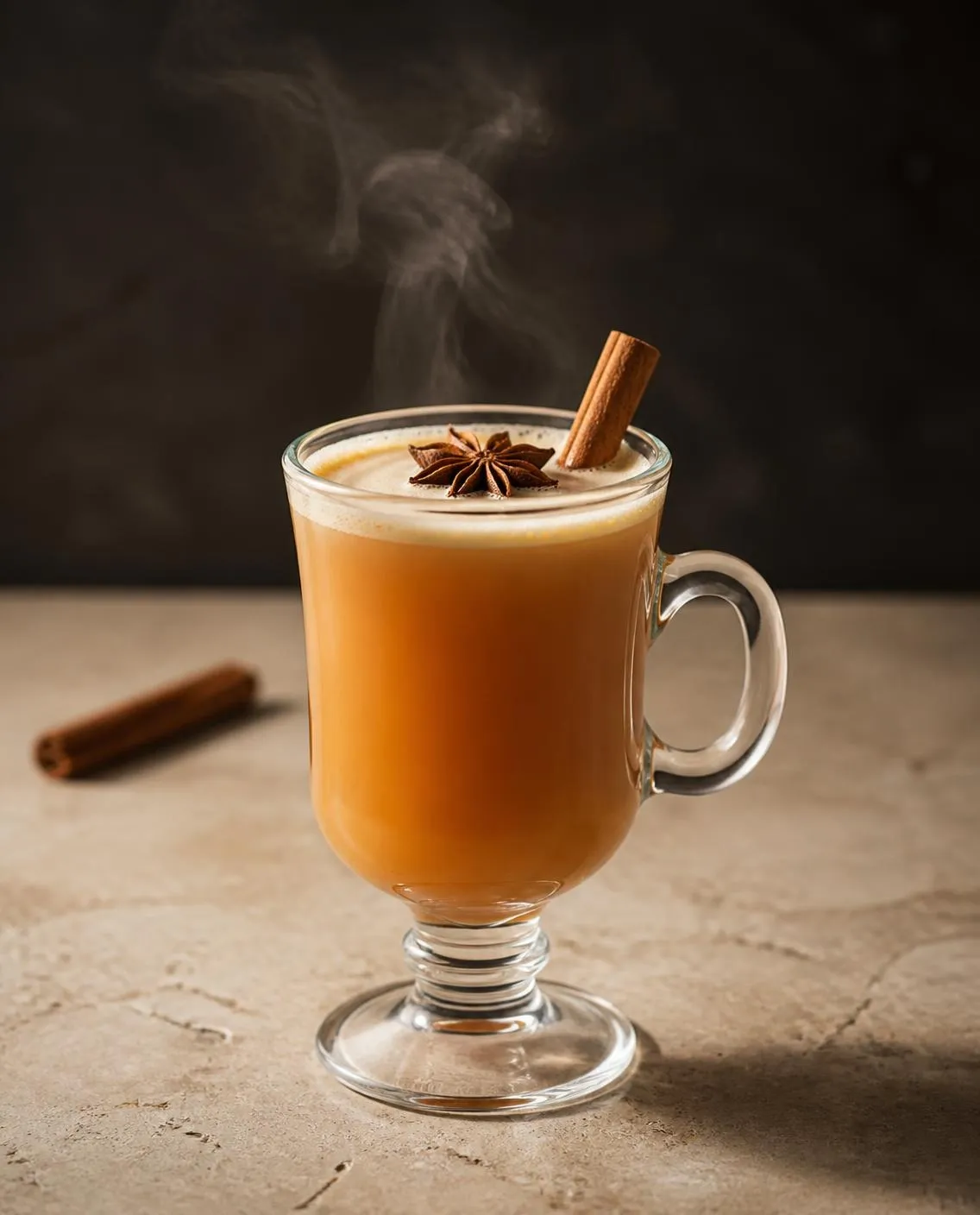 Hot Buttered Rum in an irish coffee glass with cinnamon stick and star anise (optional) (AI-generated image)