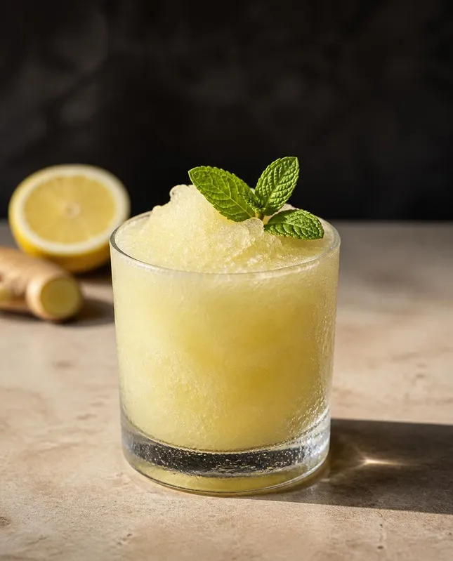 Icy Lemon-Ginger Vodka Slush in a rocks glass with mint sprig (AI-generated image)