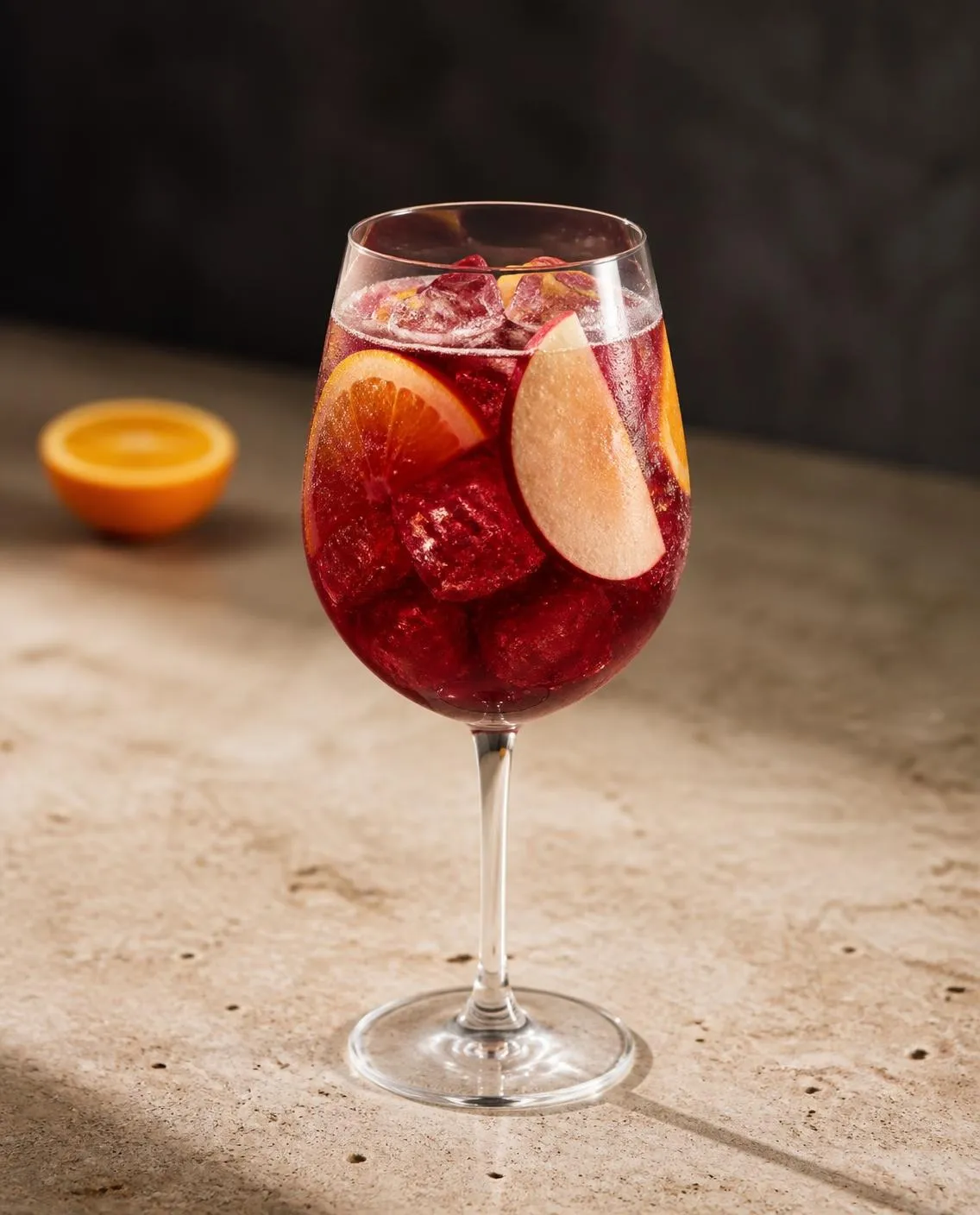 Mocktail Sangria in a wine glass with orange, sliced and lemon, sliced and lime, sliced (AI-generated image)