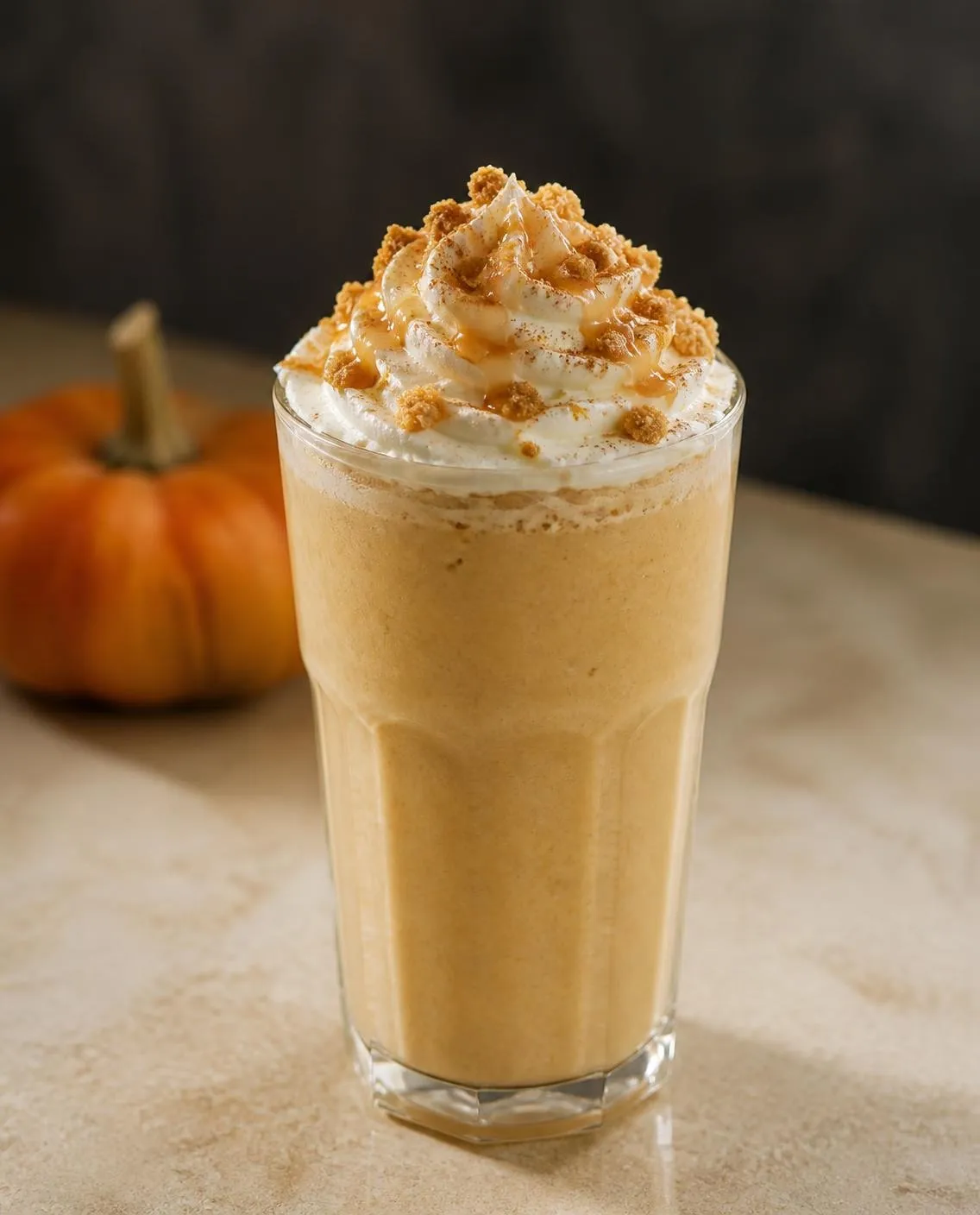 Pumpkin Pie Milkshake in a collins glass with whipped cream and caramel sauce and pumpkin pie spice and graham cracker crumbs (AI-generated image)