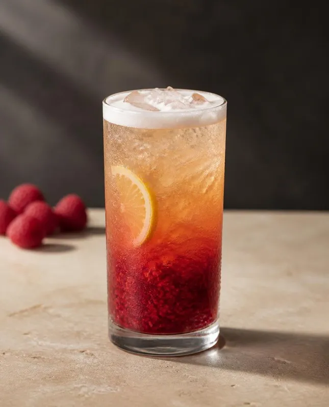 Raspberry Campari Radler in a highball glass with lemon slice (AI-generated image)