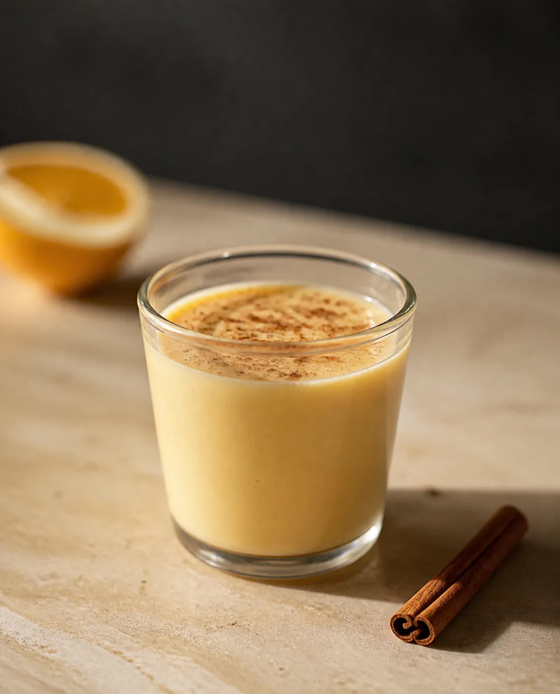 Rompope (Mexican Eggnog) in a wine glass with ground cinnamon (AI-generated image)