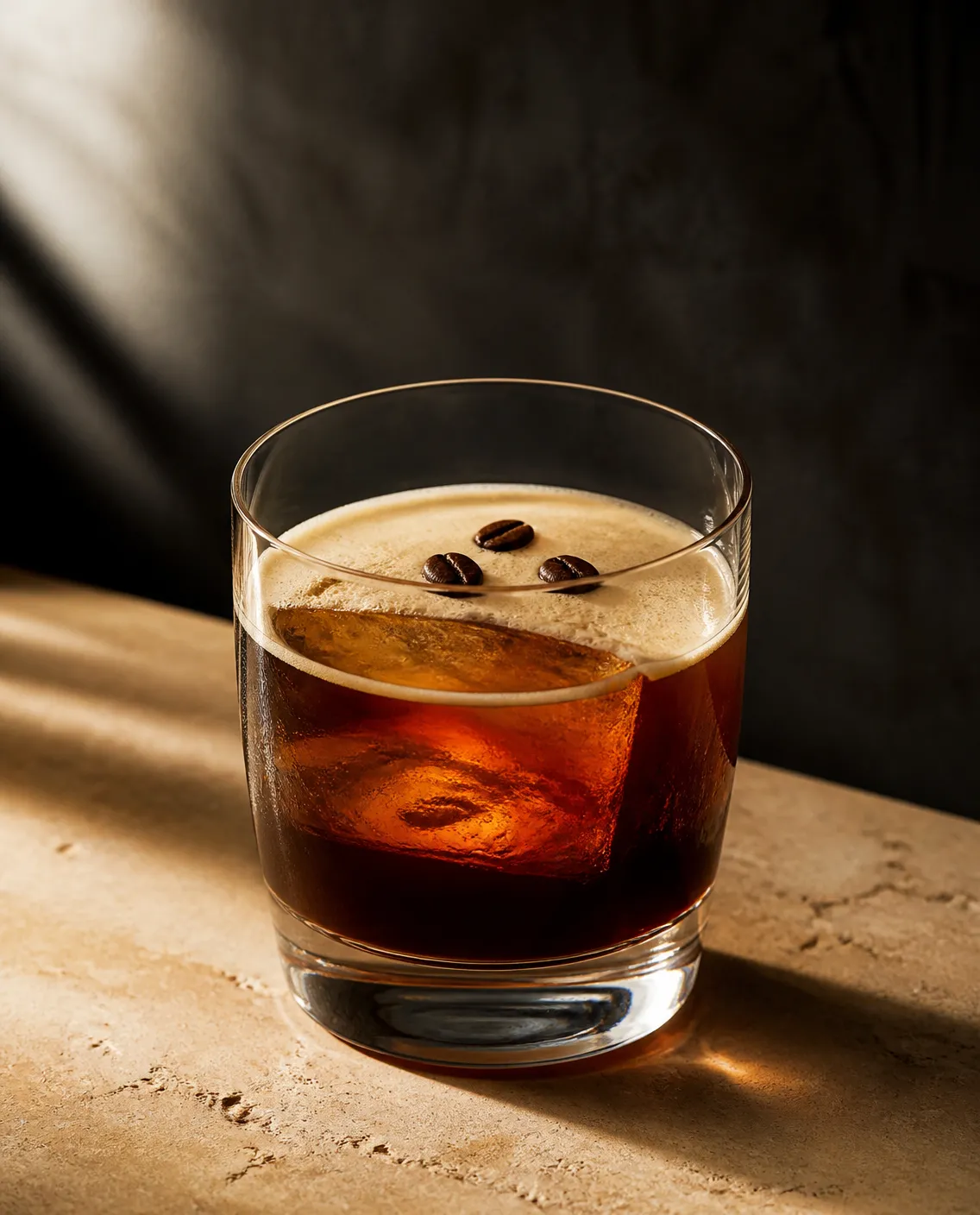 Whiskey Espresso on the Rocks in a rocks glass with coffee beans (AI-generated image)