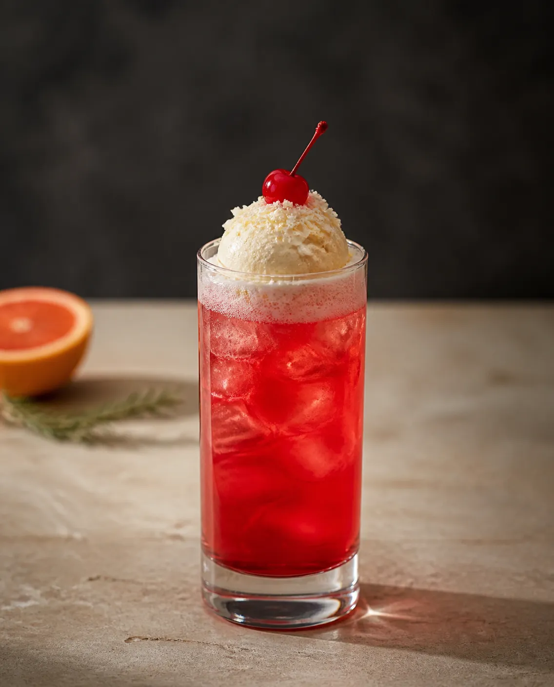 White Forest Float in a collins glass with grated white chocolate or desiccated coconut and maraschino cherry (AI-generated image)